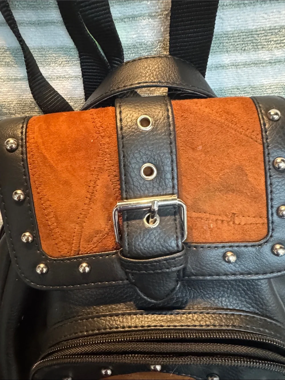 Vaan & Co Black and Brown Leatherette Ladies Backpack - Stylish Stud Detail